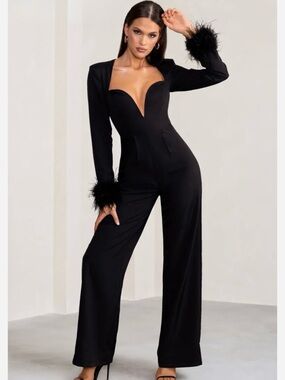 Portia Sweetheart Plunge Wide Leg Jumpsuit with Feather Cuffs